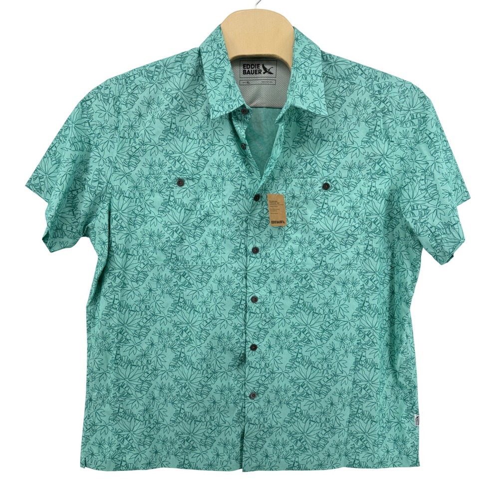 NEW Eddie Bauer Rainier 3.0 Shirt Mens XL Short Sleeve Aqua Leaf Print UPF 50+